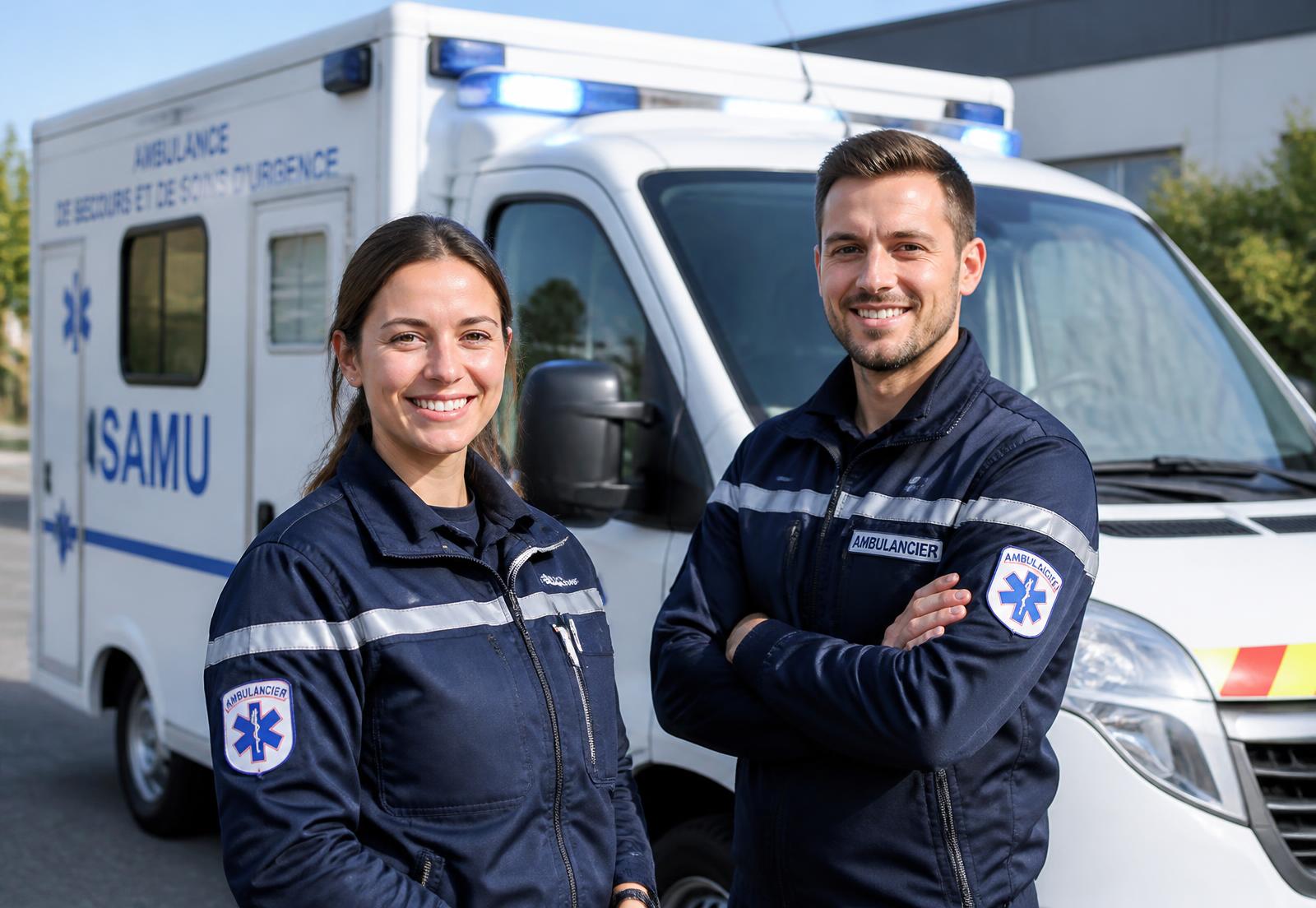 Équipe d'ambulanciers devant une ambulance